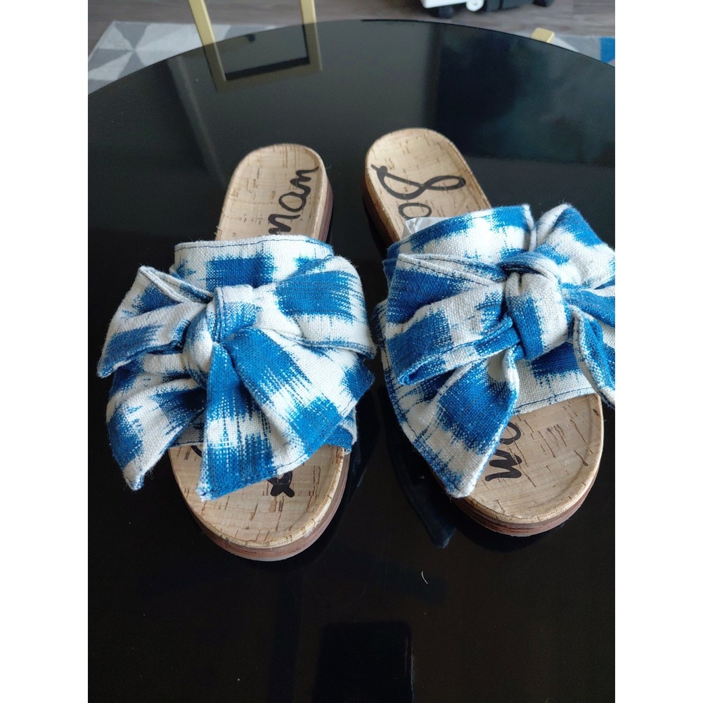 SAM EDELMAN Henna Plaid Blue & White Checkered Bow Slide Sandal Sz 7.5